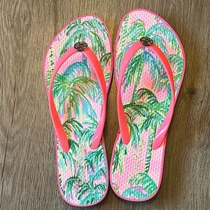 Lilly Pulitzer Pink and Green Palm Flip Flops